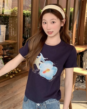 Short sleeve printing T-shirt flowers summer tops for women