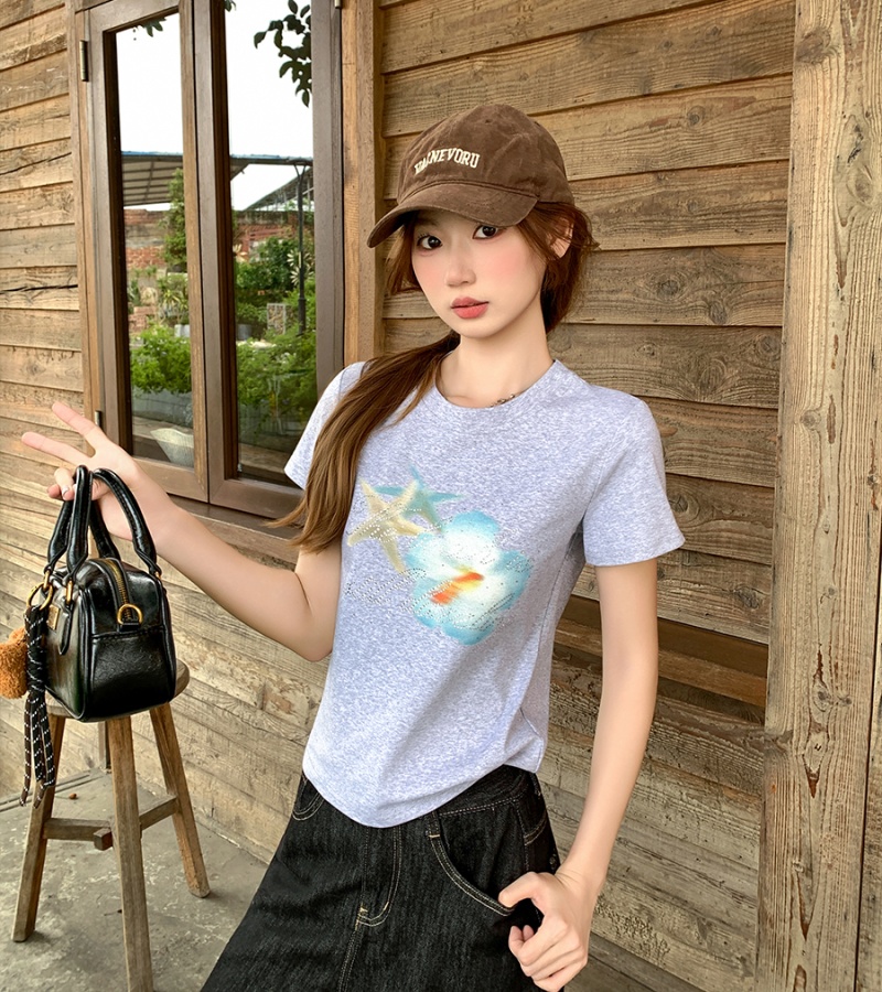 Short sleeve printing T-shirt flowers summer tops for women