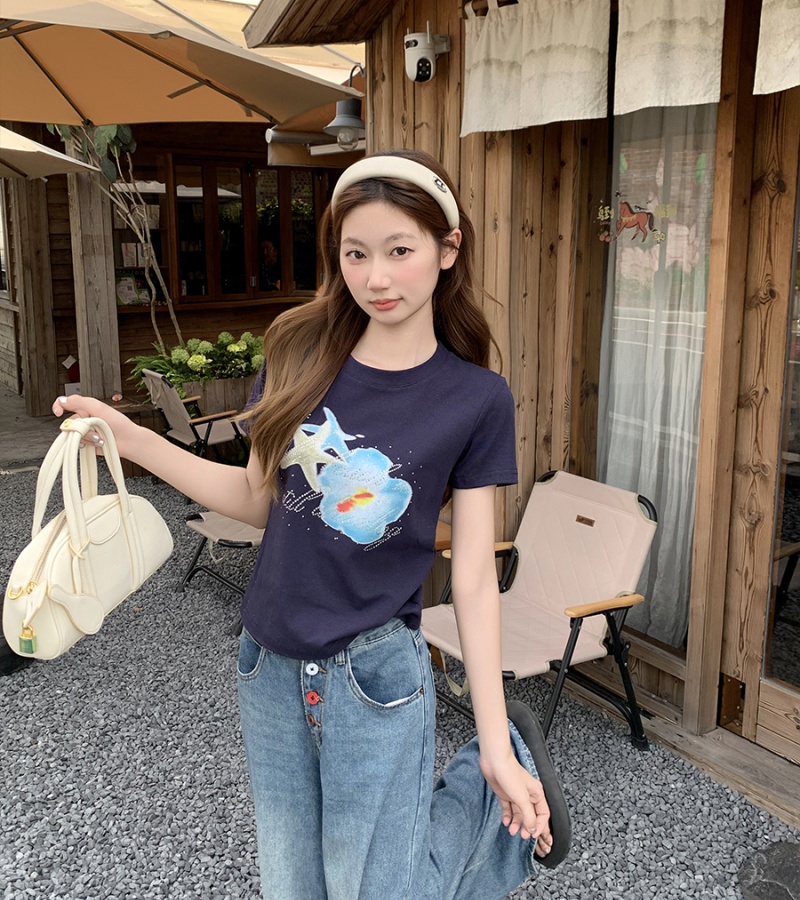 Short sleeve printing T-shirt flowers summer tops for women