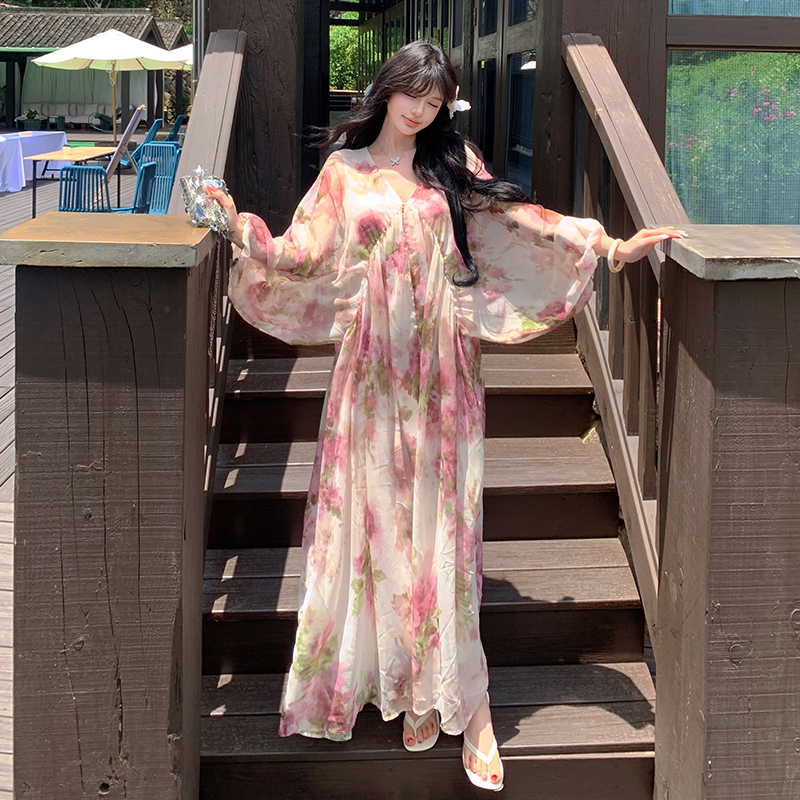 Seaside vacation tender floral loose V-neck dress for women