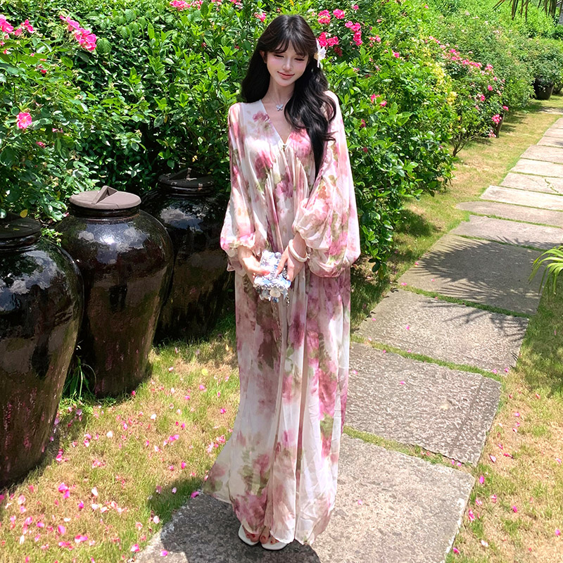 Seaside vacation tender floral loose V-neck dress for women