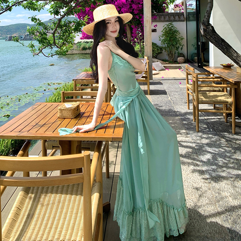 Enticement long splice halter sling lady bandage dress