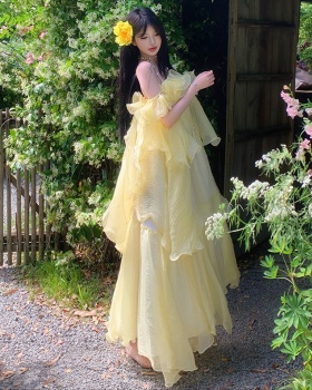 Vacation lady lotus leaf edges stereoscopic dress