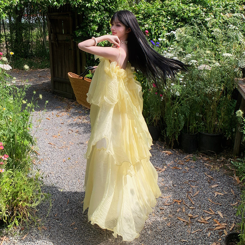 Vacation lady lotus leaf edges stereoscopic dress