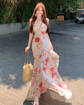 A-line printing dress sling long dress for women