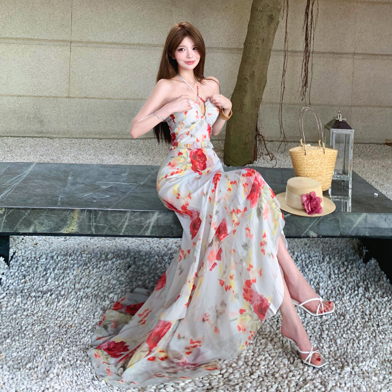 A-line printing dress sling long dress for women