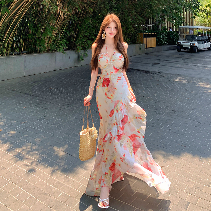 A-line printing dress sling long dress for women