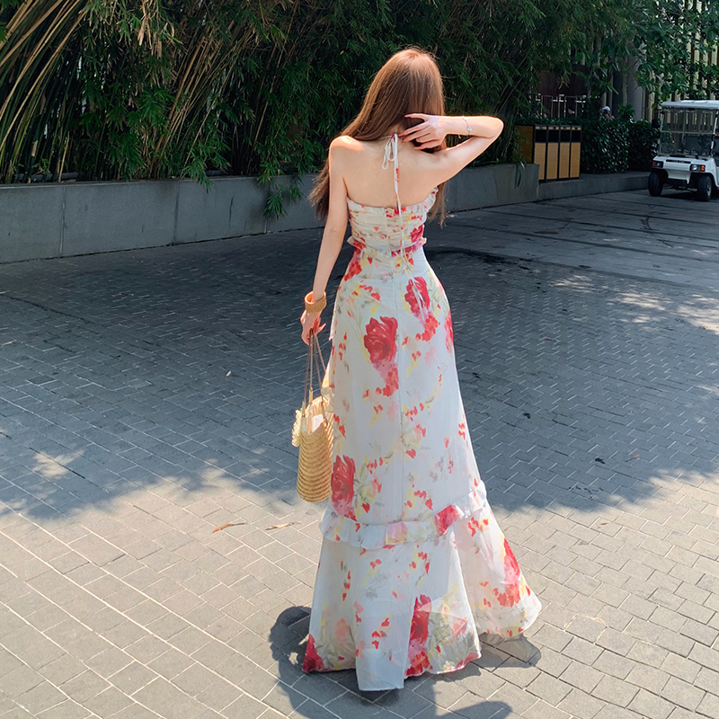 A-line printing dress sling long dress for women