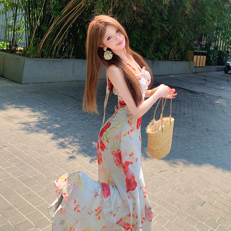 A-line printing dress sling long dress for women