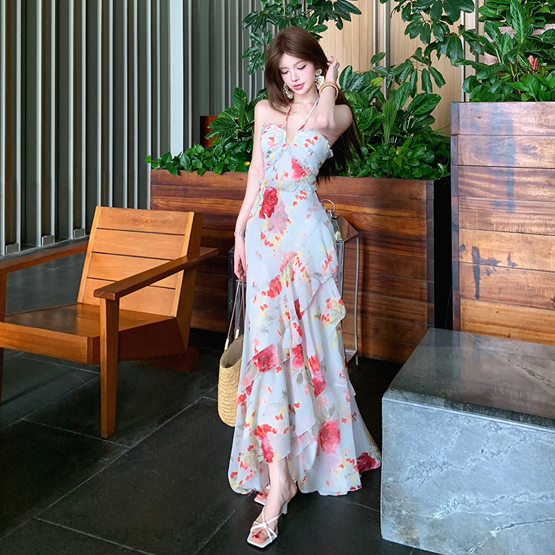 A-line printing dress sling long dress for women