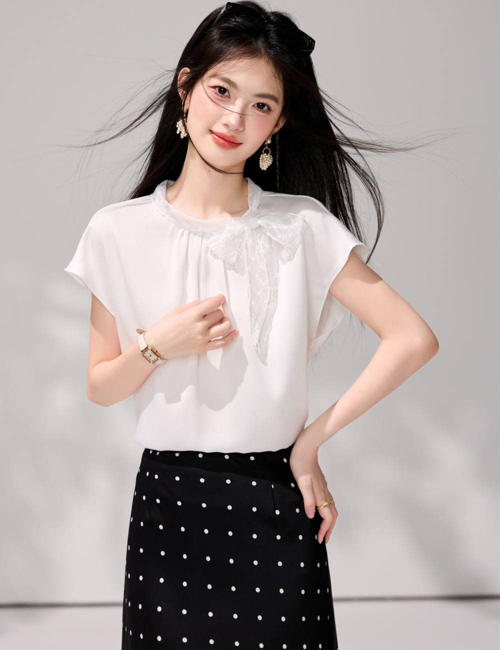 Chiffon temperament cstand collar frenum summer tops