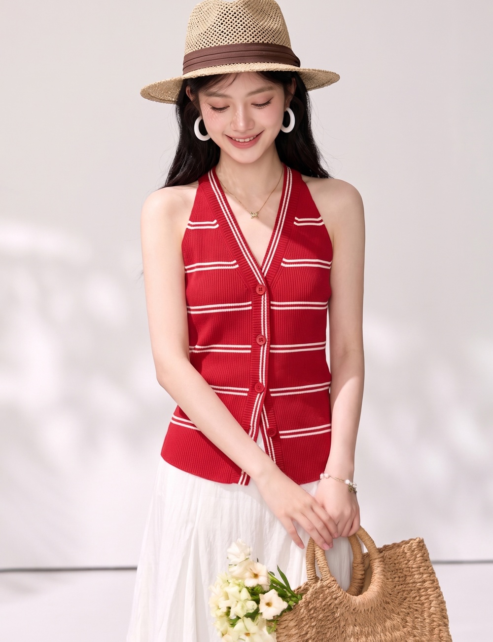Buckle slim elasticity sweater V-neck ice silk vest for women