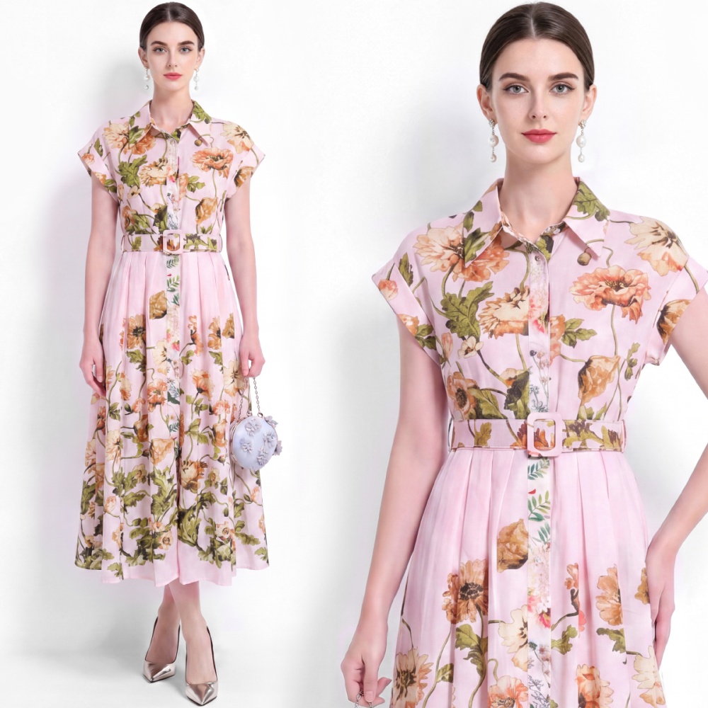 Big skirt short sleeve slim shirt A-line vacation dress