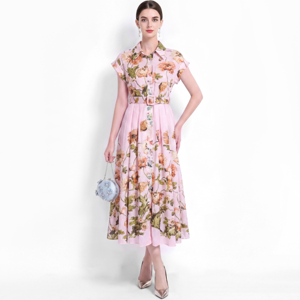 Big skirt short sleeve slim shirt A-line vacation dress