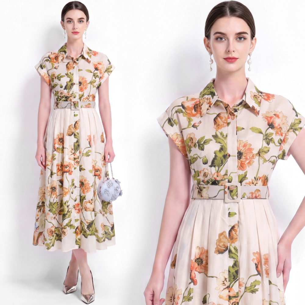Pinched waist short sleeve dress with belt shirt