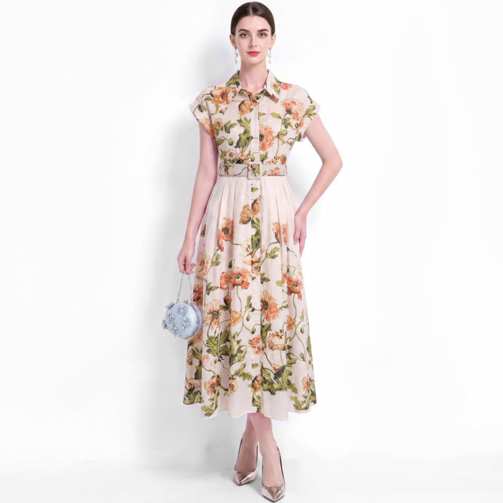 Pinched waist short sleeve dress with belt shirt