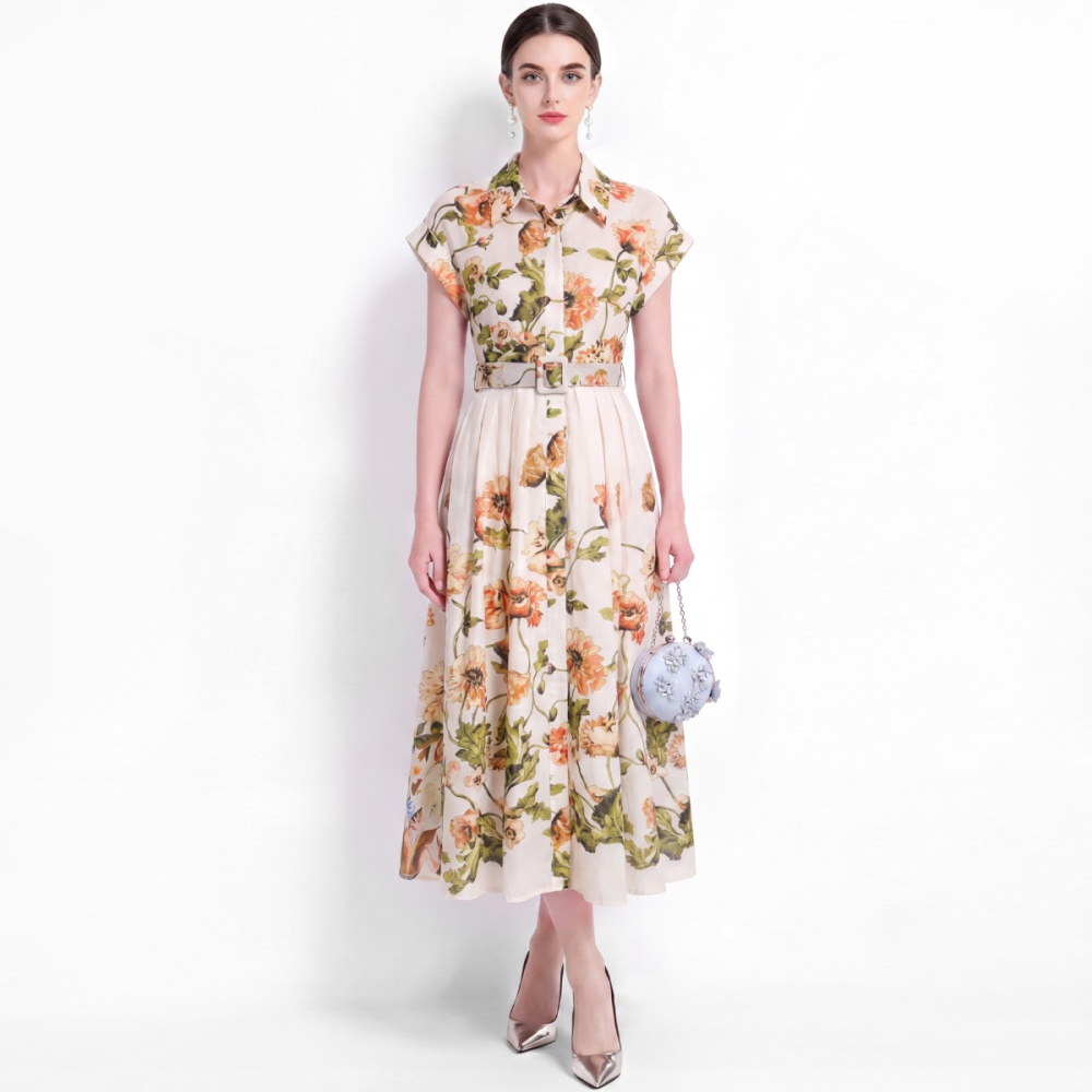 Pinched waist short sleeve dress with belt shirt