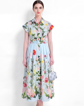 Vacation slim short sleeve shirt pinched waist A-line dress