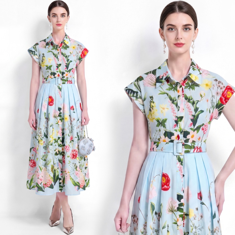 Vacation slim short sleeve shirt pinched waist A-line dress