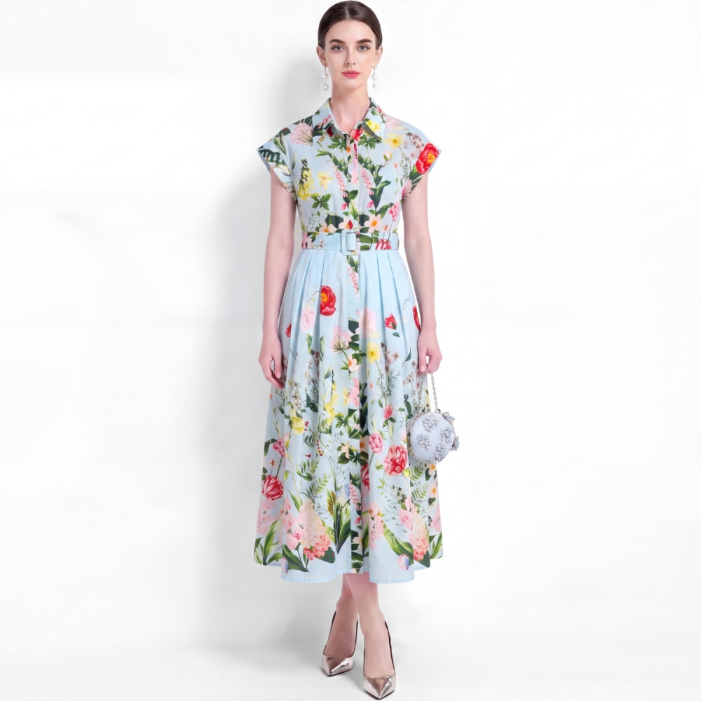 Vacation slim short sleeve shirt pinched waist A-line dress