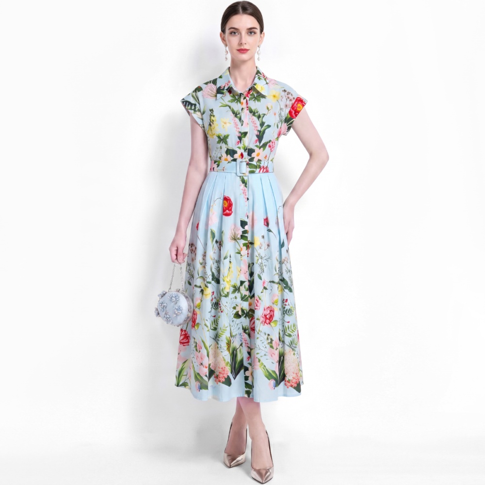 Vacation slim short sleeve shirt pinched waist A-line dress