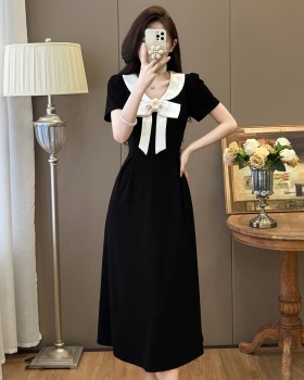 Bow slim Hepburn style summer splice doll collar dress