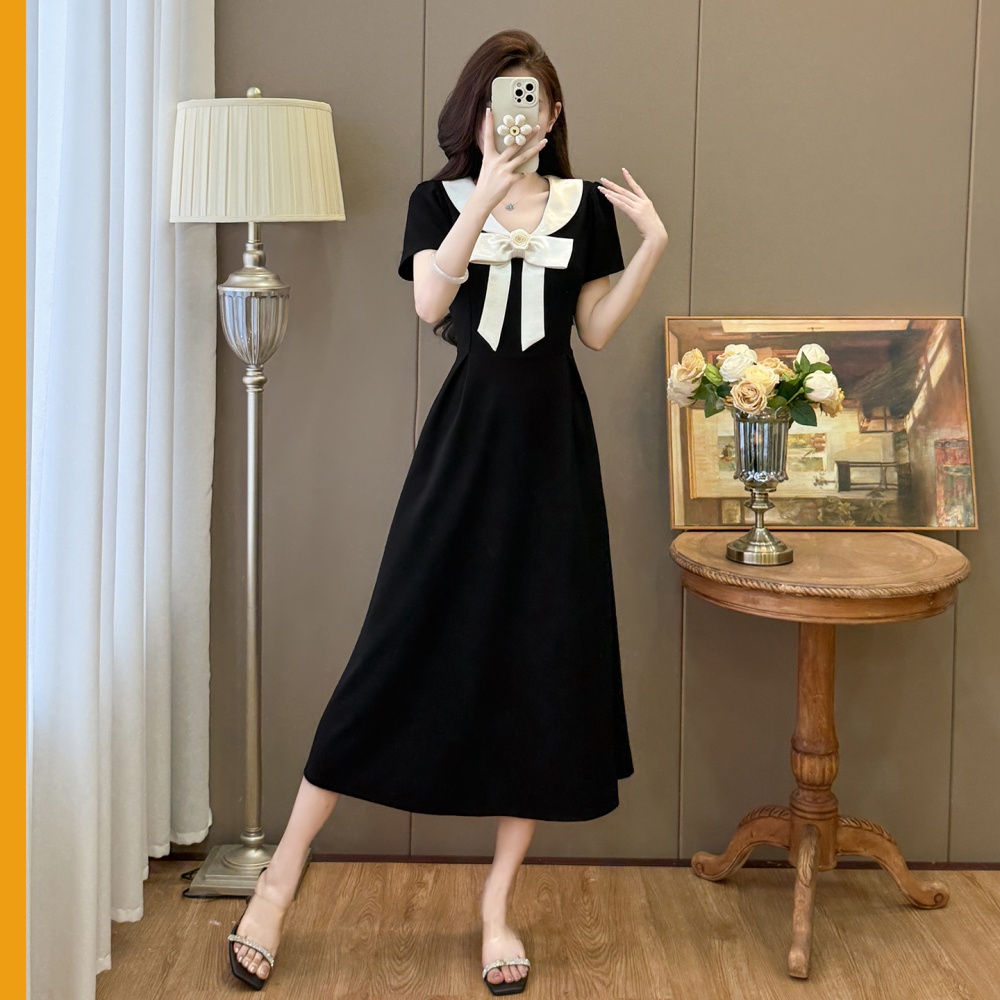 Bow slim Hepburn style summer splice doll collar dress
