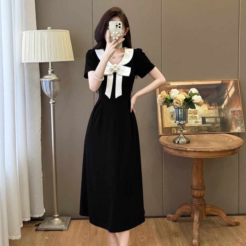 Bow slim Hepburn style summer splice doll collar dress