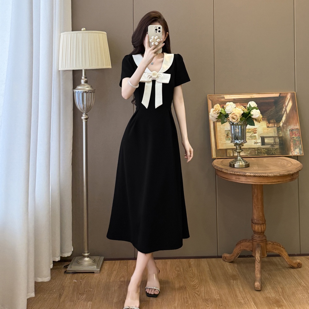 Bow slim Hepburn style summer splice doll collar dress