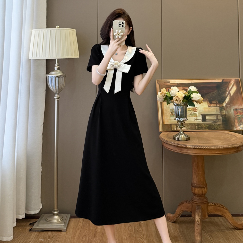 Bow slim Hepburn style summer splice doll collar dress