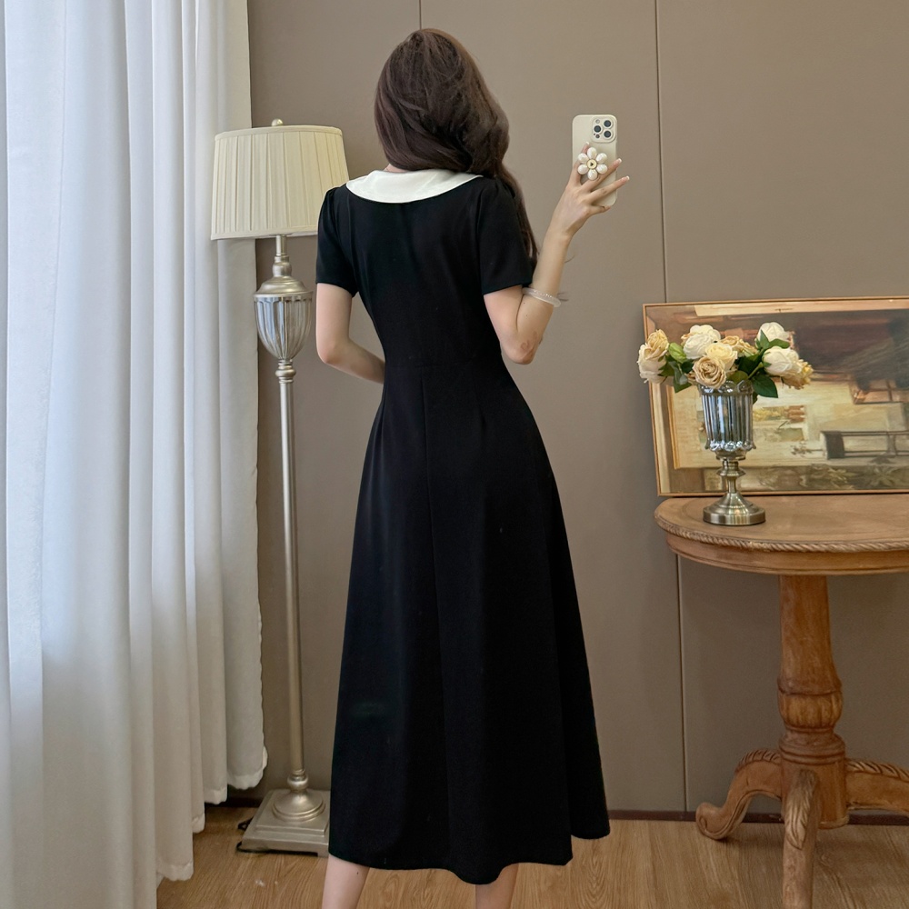 Bow slim Hepburn style summer splice doll collar dress