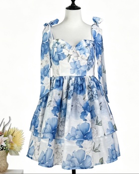 Bow niche frenum pinched waist slim summer printing dress