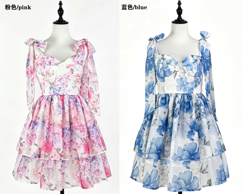 Bow niche frenum pinched waist slim summer printing dress