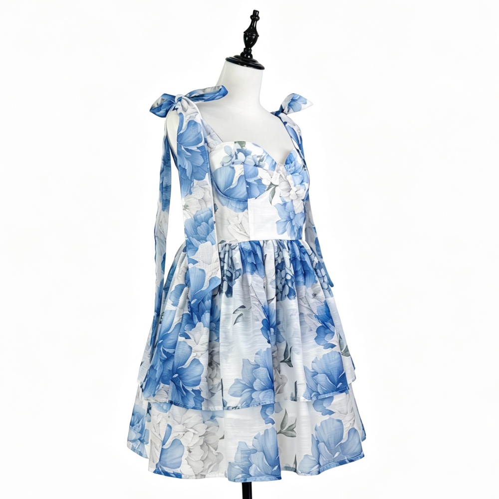 Bow niche frenum pinched waist slim summer printing dress