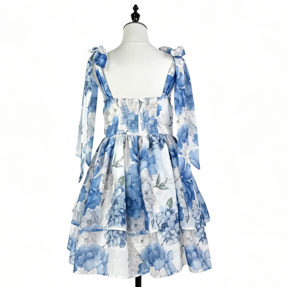 Bow niche frenum pinched waist slim summer printing dress