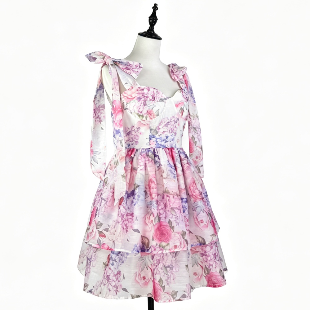 Bow niche frenum pinched waist slim summer printing dress