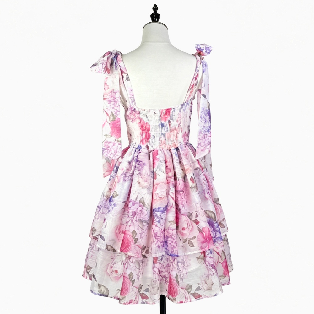 Bow niche frenum pinched waist slim summer printing dress