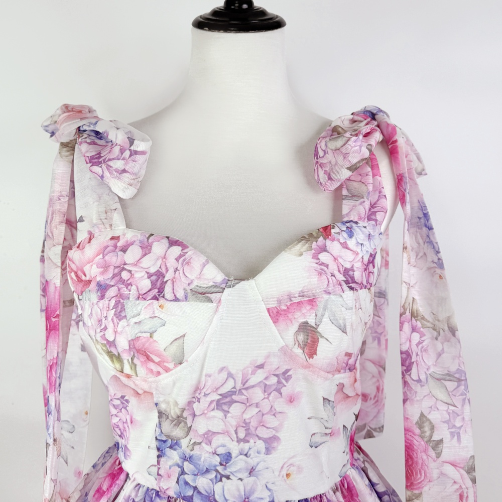 Bow niche frenum pinched waist slim summer printing dress