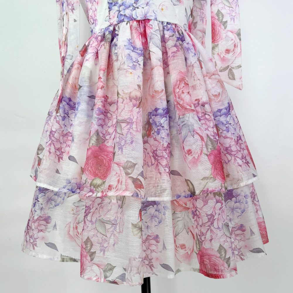Bow niche frenum pinched waist slim summer printing dress