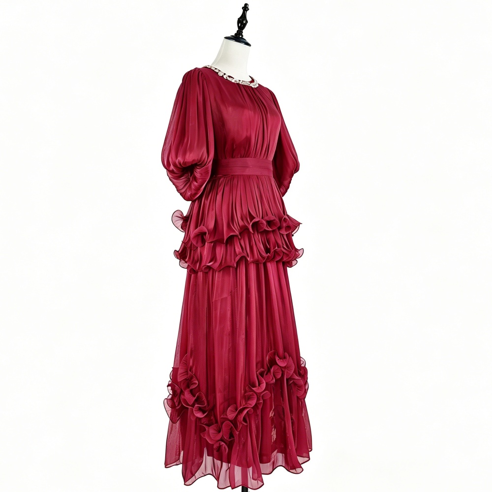 Elegant France style long dress summer lotus leaf edges dress