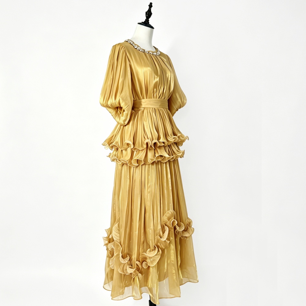 Elegant France style long dress summer lotus leaf edges dress