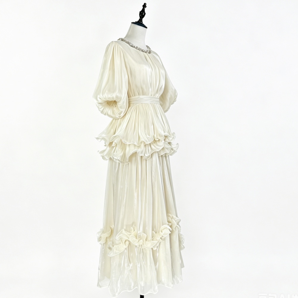 Elegant France style long dress summer lotus leaf edges dress