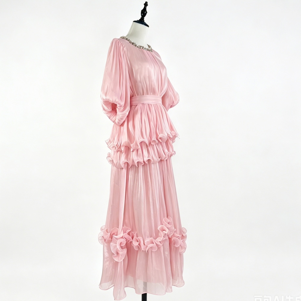 Elegant France style long dress summer lotus leaf edges dress