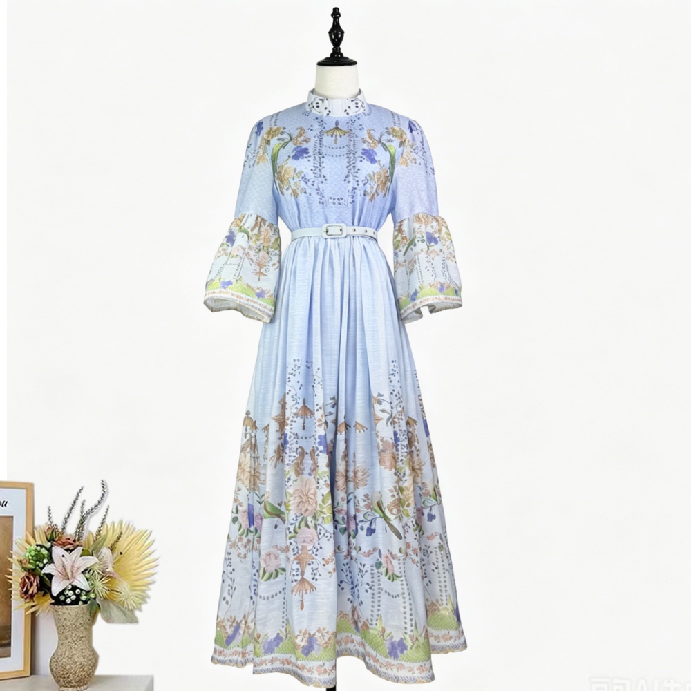 Retro slim European style long dress printing ladies dress
