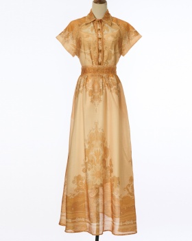 Short sleeve printing shirt flax long skirt a set