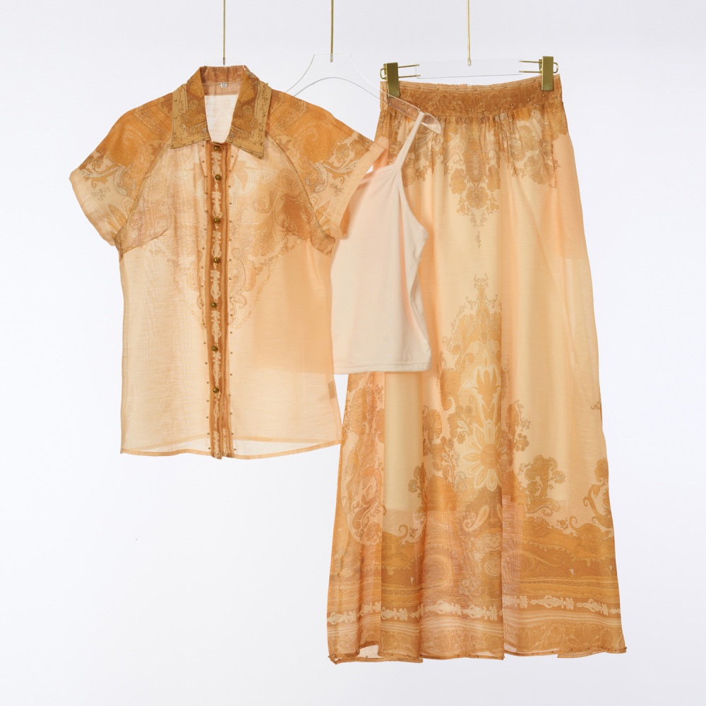 Short sleeve printing shirt flax long skirt a set