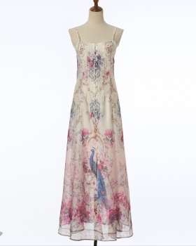 Silk linen pattern long sling rhinestone flowers dress