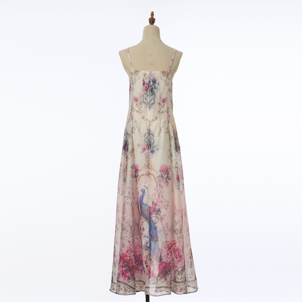 Silk linen pattern long sling rhinestone flowers dress