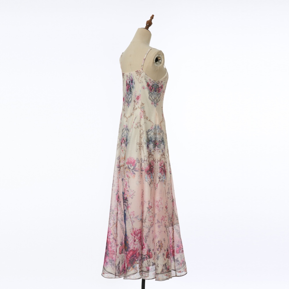 Silk linen pattern long sling rhinestone flowers dress