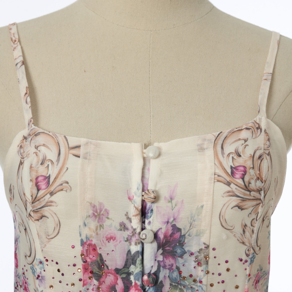 Silk linen pattern long sling rhinestone flowers dress